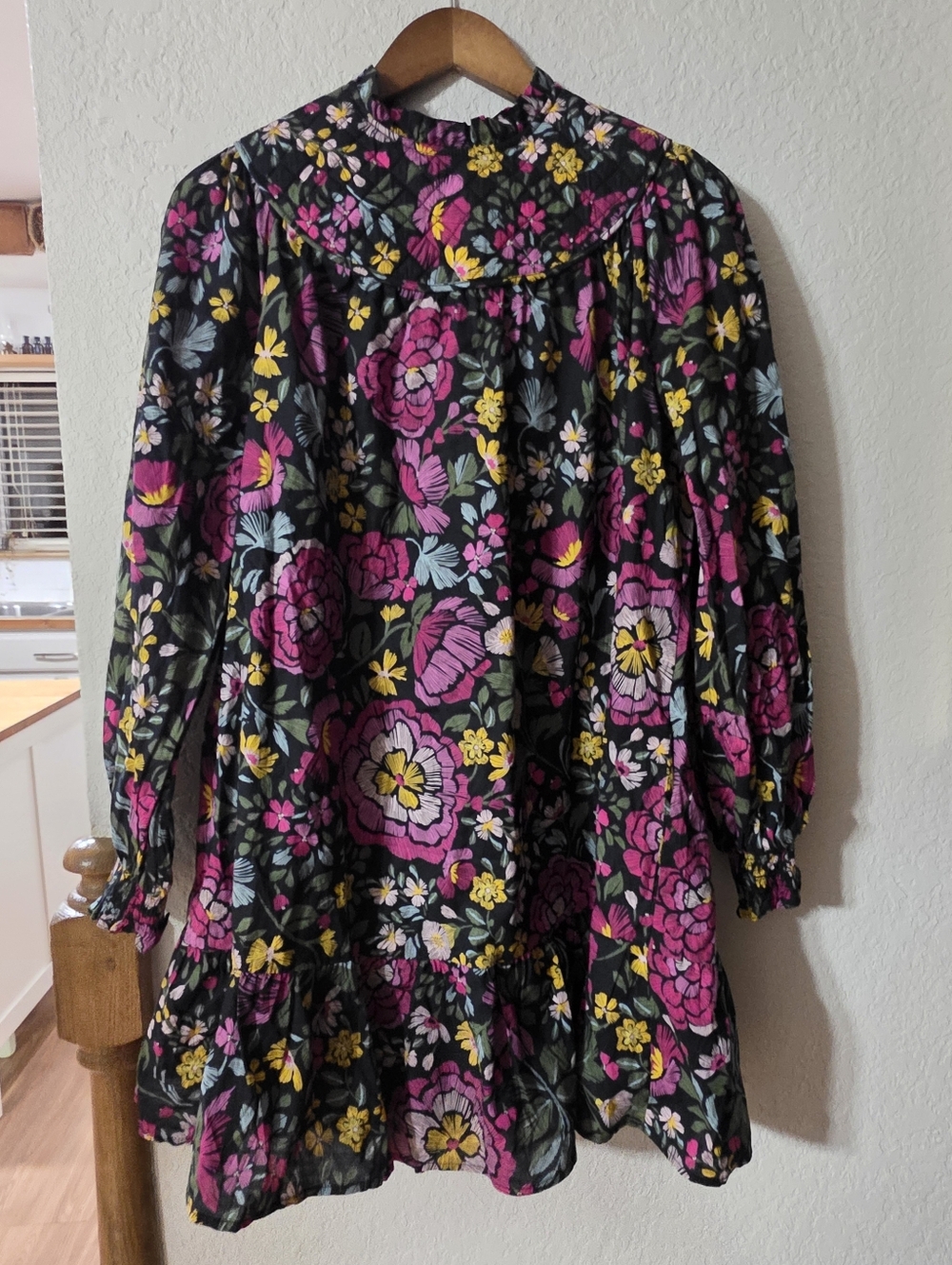 Quilted Floral Long Sleeve Babydoll Dress - Pink & Yellow Flowers